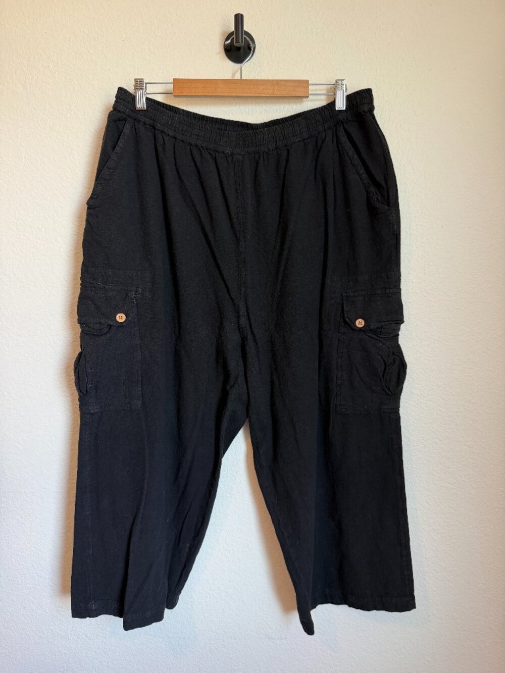 King Size Unisex Black 100% Cotton Cargo Hippie Boho Drawstring Pants XL Tall